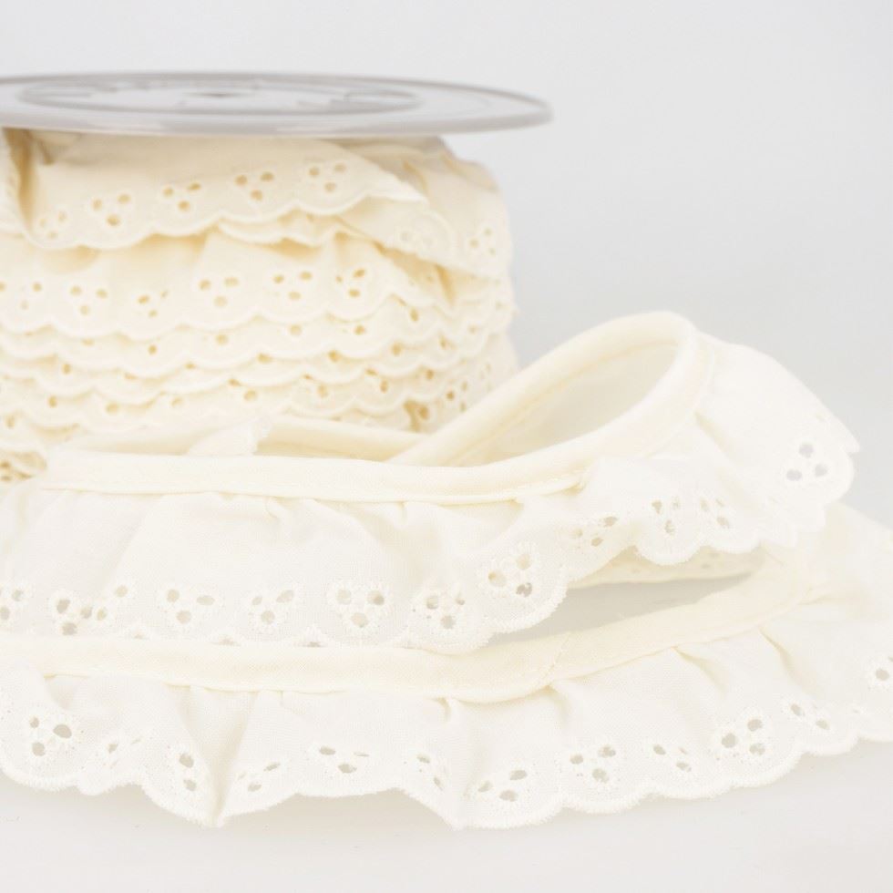 Stephanoise Broderie Anglaise Gathered Lace Trim Ecru