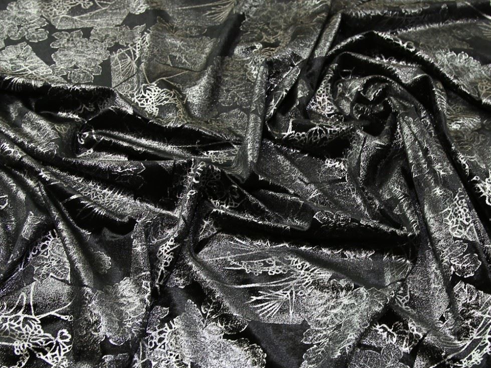 Silver On Black Deadstock Velvet Stretch Knit Fabric