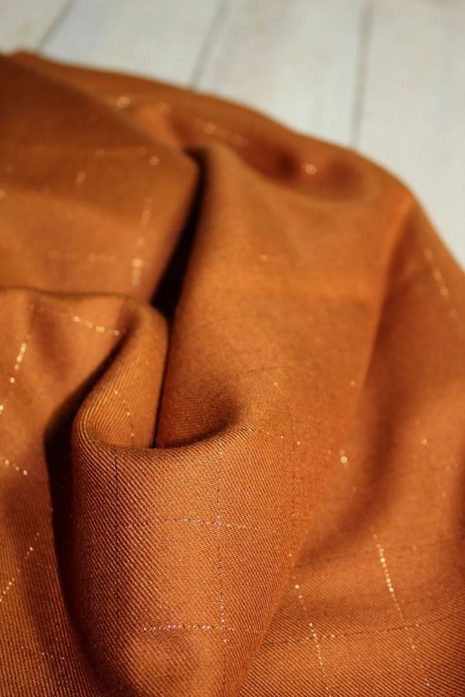 Eglantine and Zoe Lurex Viscose Twill Fabric Caramel & Copper
 