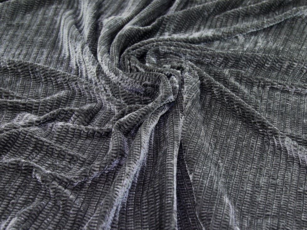 Silver Grey Deadstock Pleated Velvet Stretch Knit Fabric