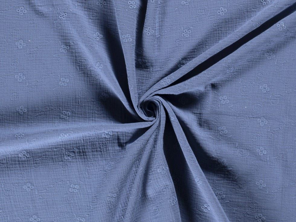 Embroidered Crinkle Textured Cotton Fabric Denim Blue