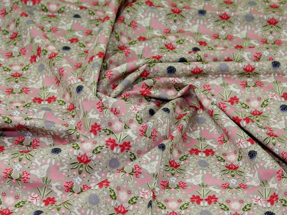 100% Cotton Poplin Fabric Pink & Grey
