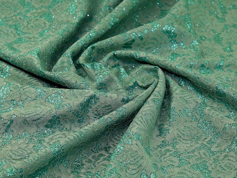 Green Deadstock Glitter Satin Lace Fabric