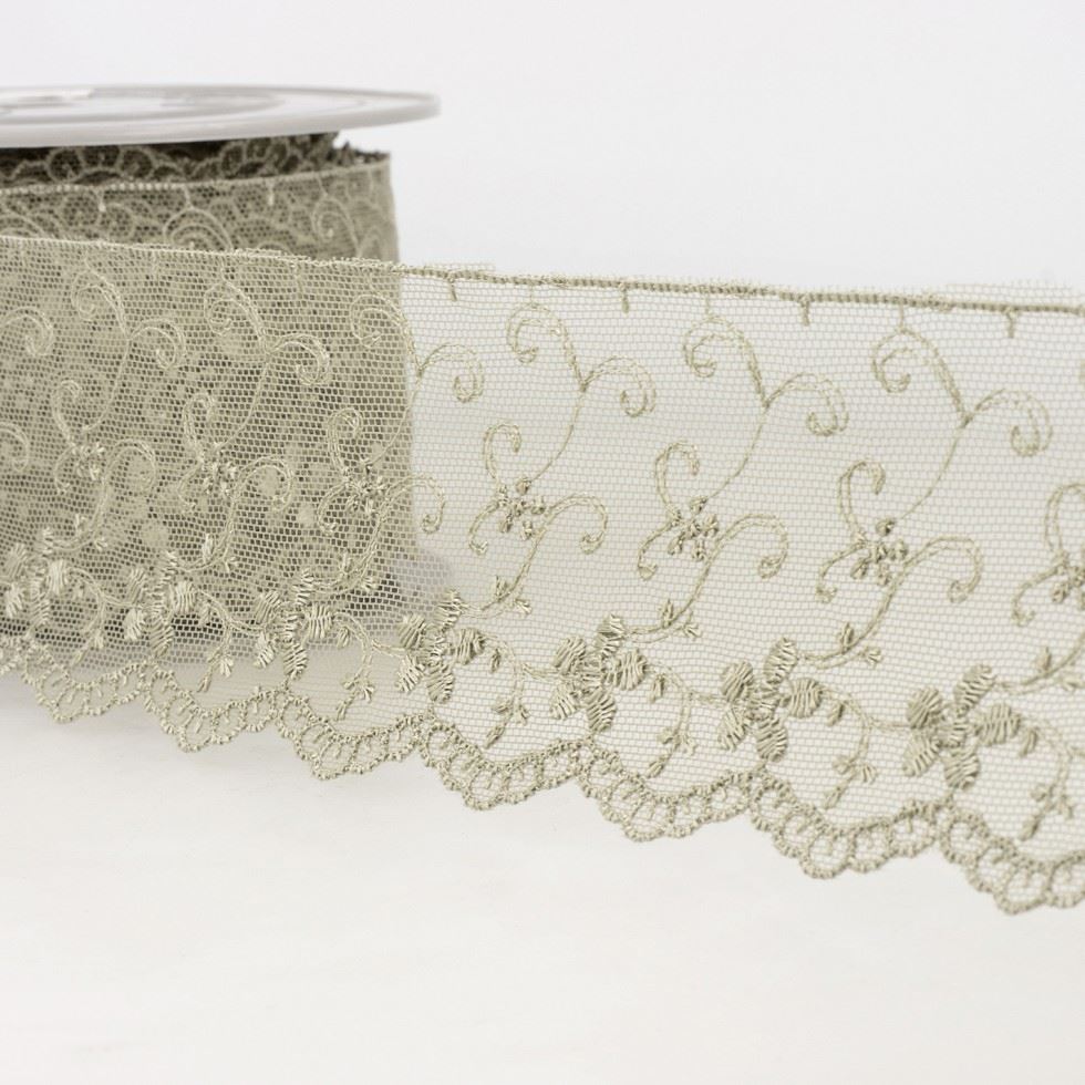 Stephanoise Taupe Embroidery Tulle Lace Trim