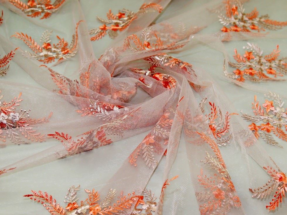 Peach Deadstock Embroidered Lace Tulle Fabric
