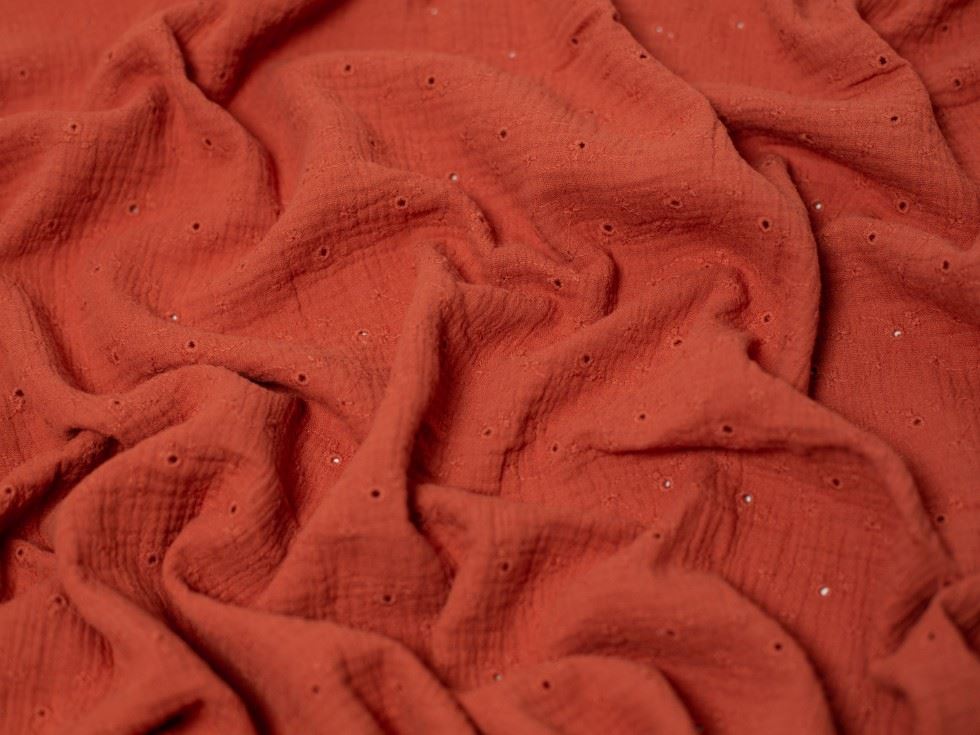 Rust Embroidered Cotton Double Gauze Fabric