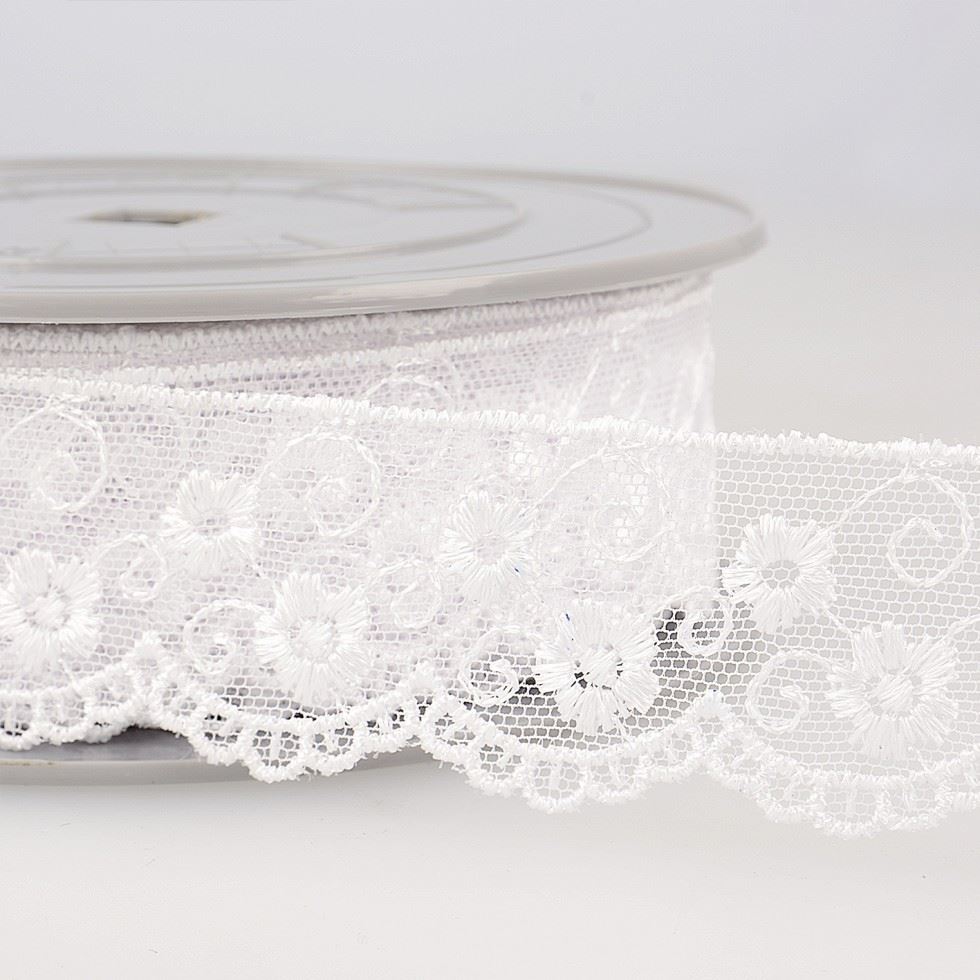 Stephanoise Embroidery Tulle Lace Trim White
 
