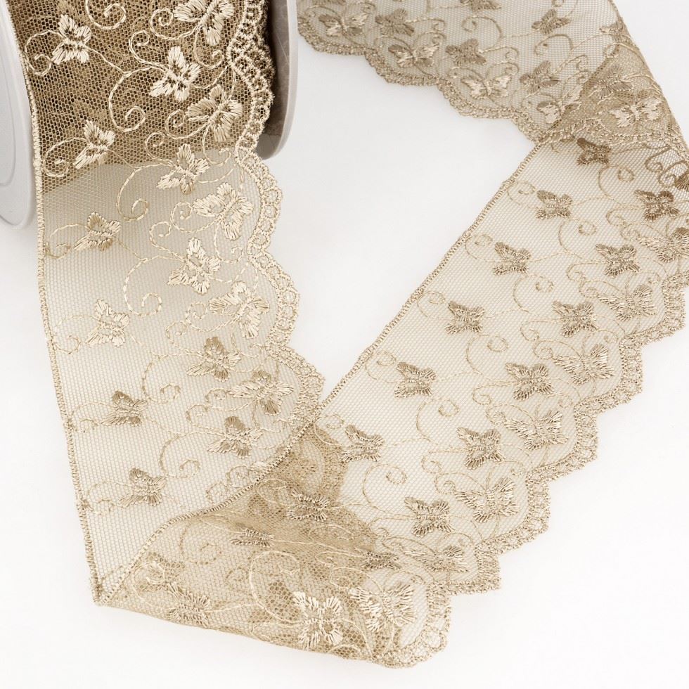 Stephanoise Beige Embroidery Tulle Lace Trim