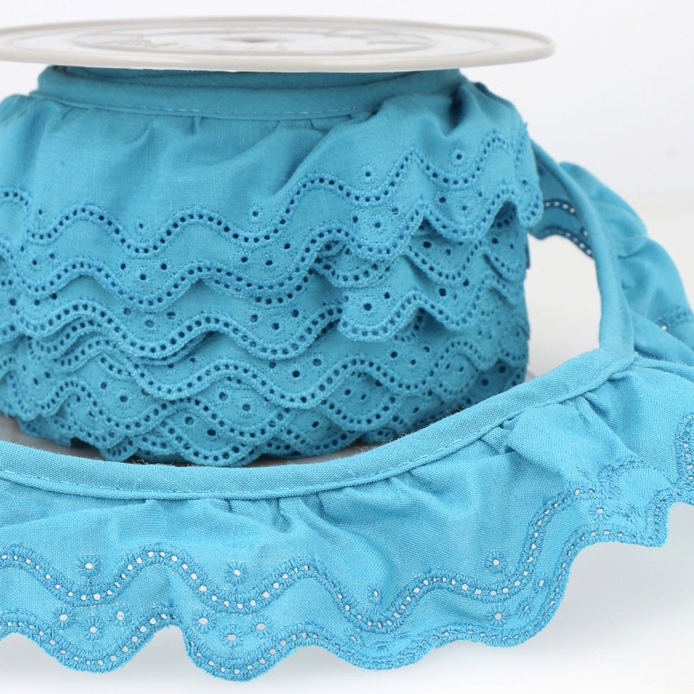 Stephanoise Eyelet Gathered Lace Trim Turquoise Blue
 