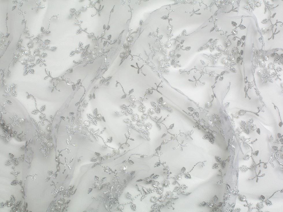 Minerva Core Range Silver Beaded Embroidered Tulle Lace Fabric