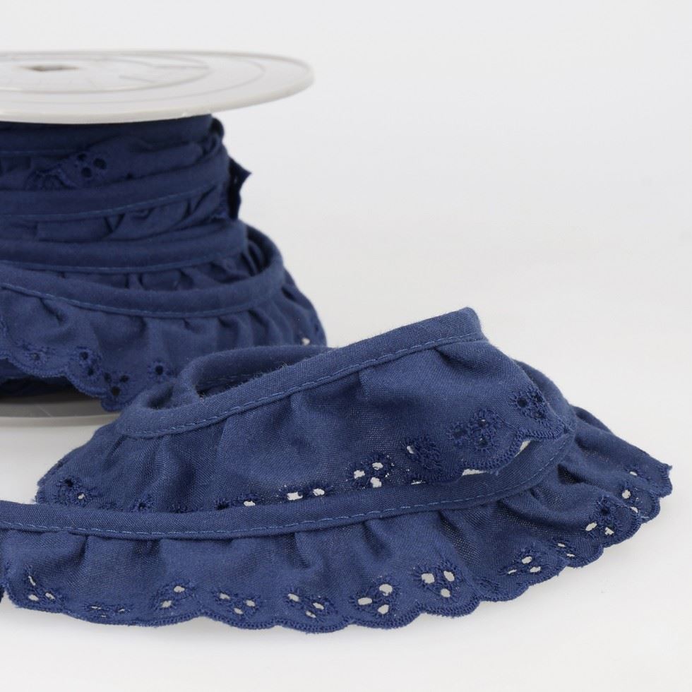 Stephanoise Broderie Anglaise Gathered Lace Trim Navy Blue