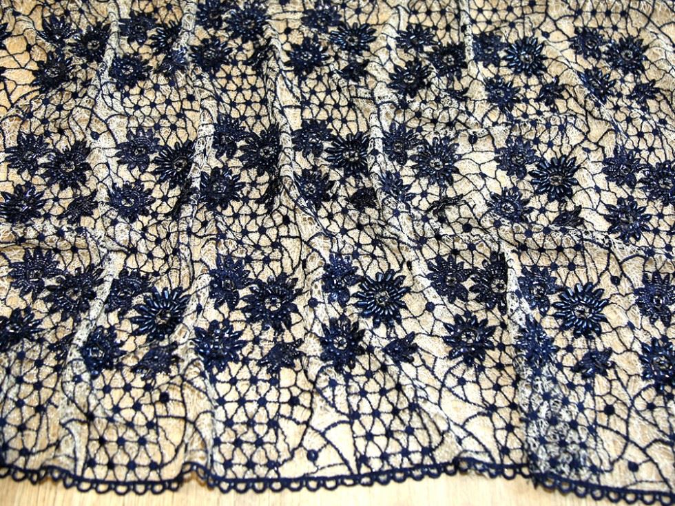 Navy Blue Deadstock Beaded Embroidered Tulle Lace Fabric