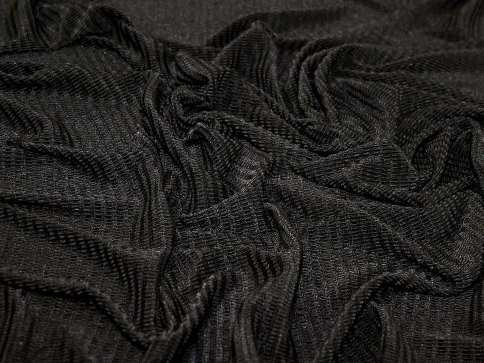 Black Deadstock Pleated Textured Stretch Knit Fabric