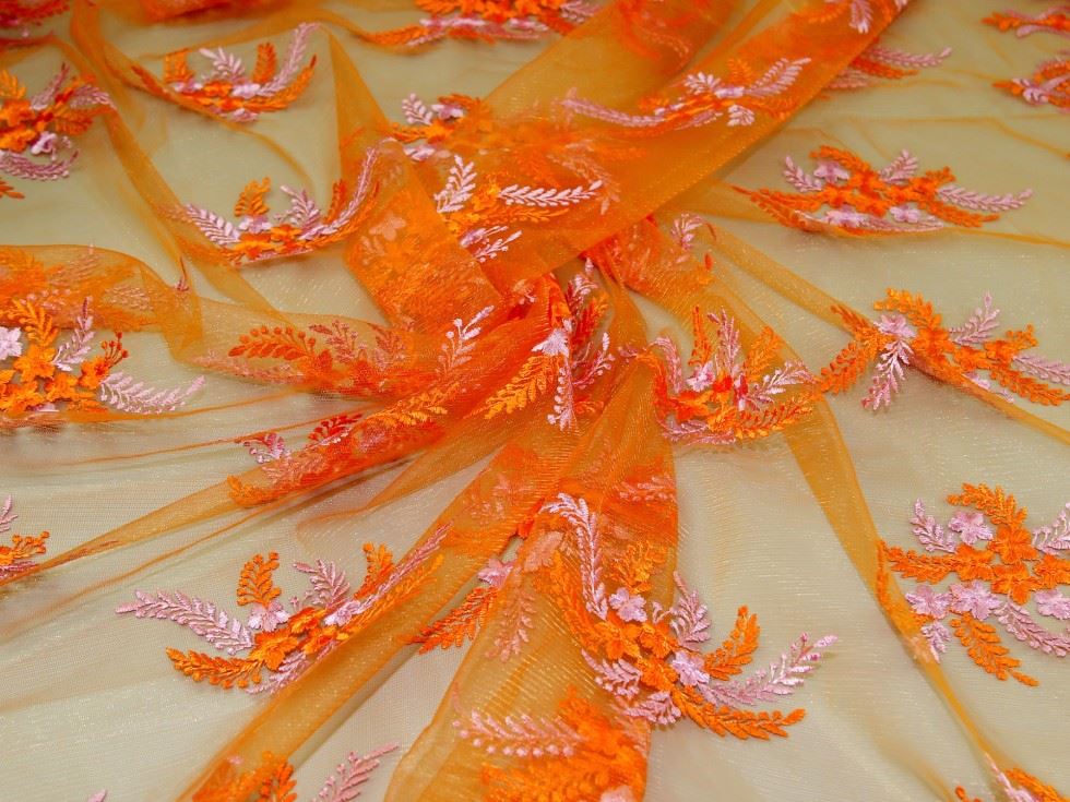 Orange Deadstock Embroidered Lace Tulle Fabric