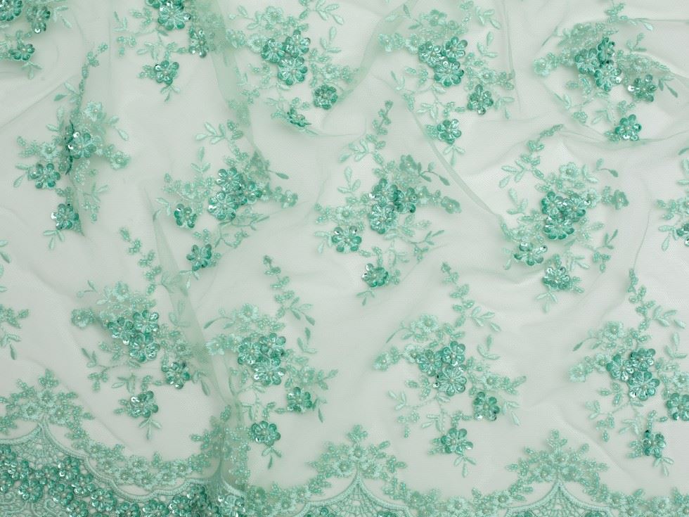 Minerva Core Range Turquoise Beaded Embroidered Tulle Lace Fabric