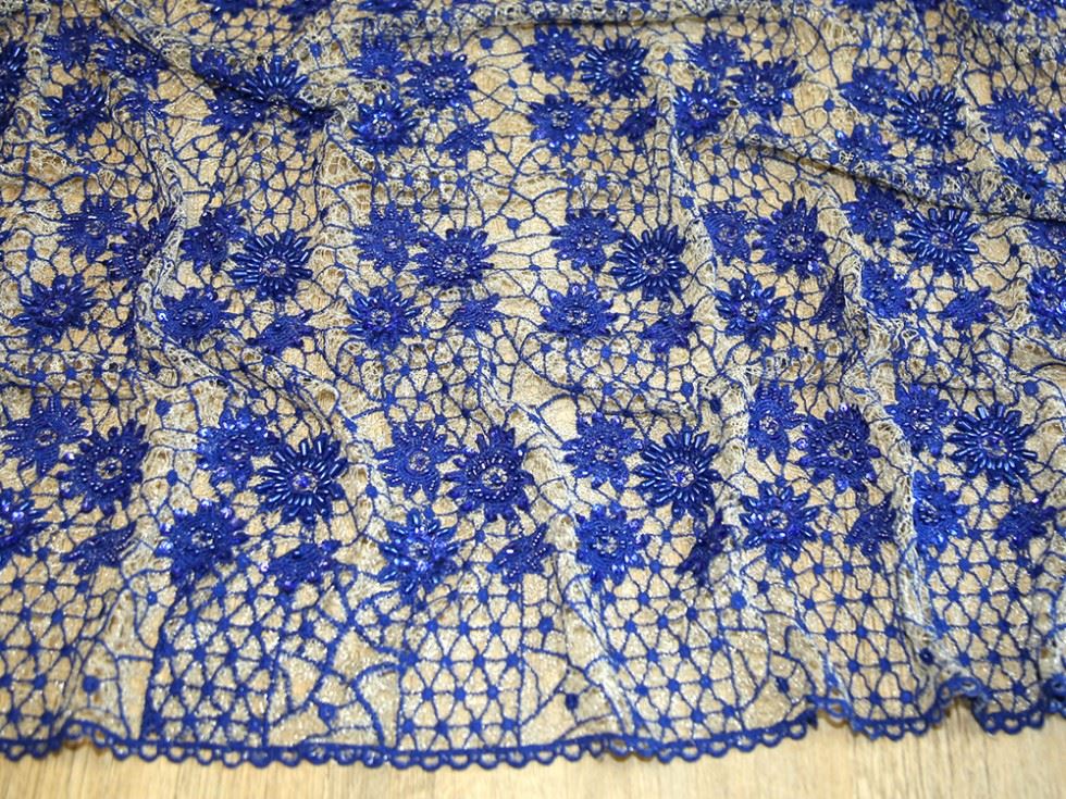 Royal Blue Deadstock Beaded Embroidered Tulle Lace Fabric