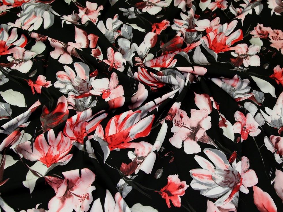 Pink On Black Deadstock Stretch Woven Satin Crepe Fabric