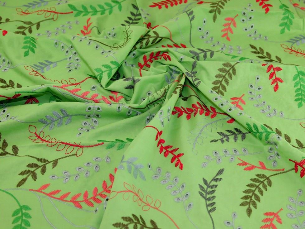 Green Deadstock Embroidered Cotton Lawn Fabric