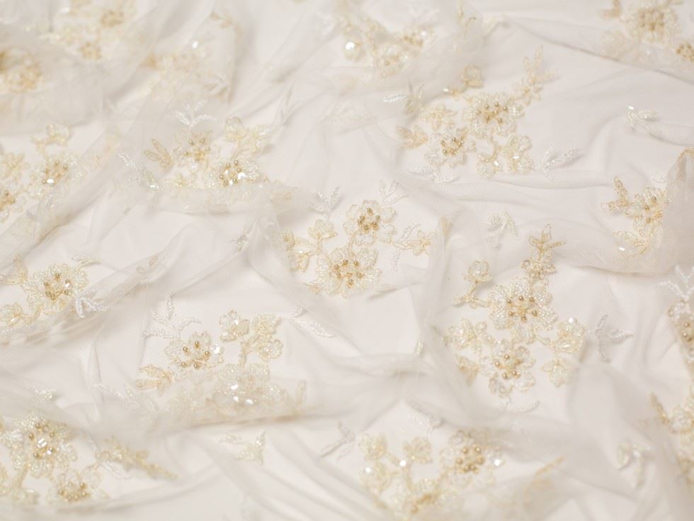 Minerva Core Range Ivory Roxanne Beaded Lace Fabric