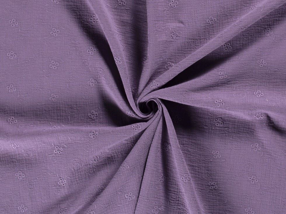 Purple Embroidered Crinkle Textured Cotton Fabric
