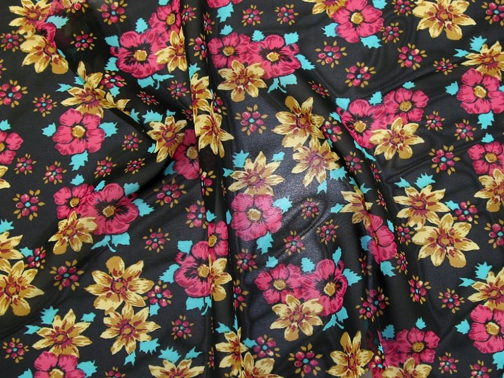 Pink On Black Deadstock Sheer Chiffon Fabric