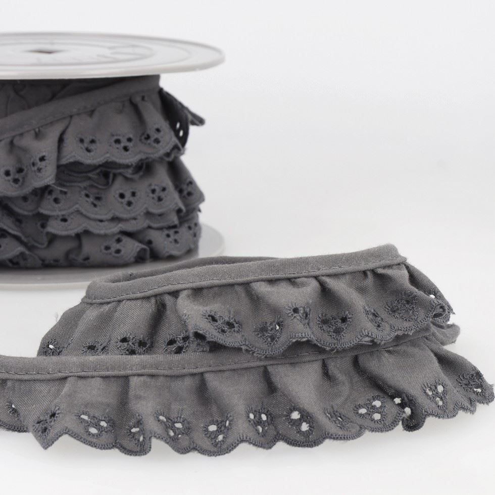 Stephanoise Broderie Anglaise Gathered Lace Trim Dark Grey