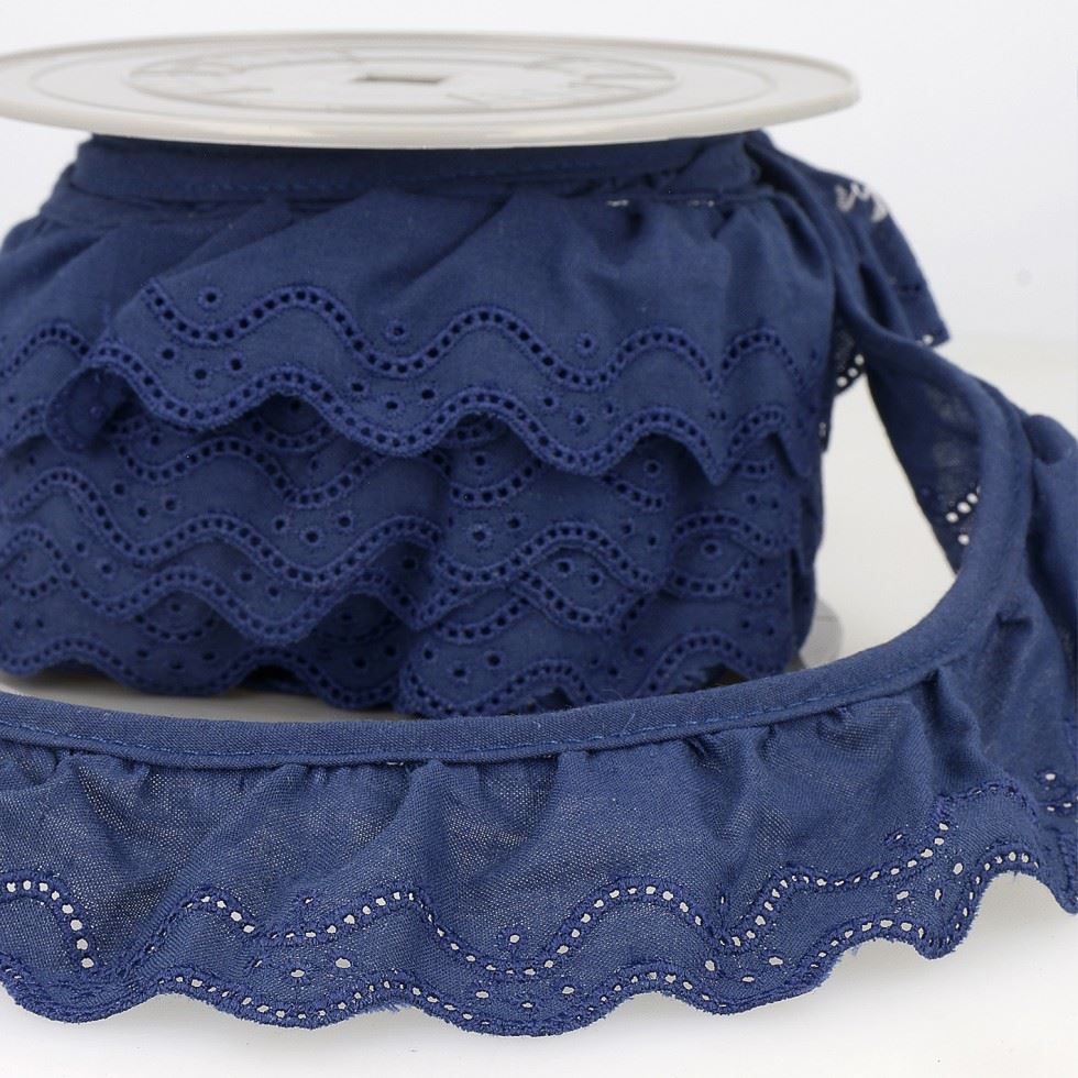 Stephanoise Eyelet Gathered Lace Trim Navy Blue
 