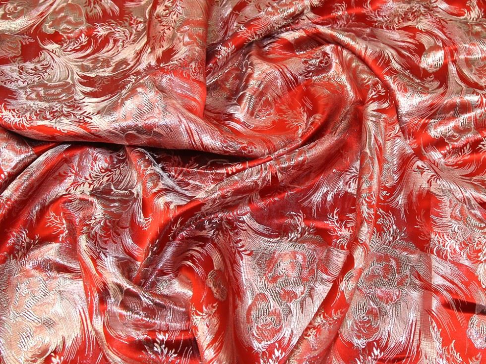 Red Deadstock Metallic Woven Brocade Fabric