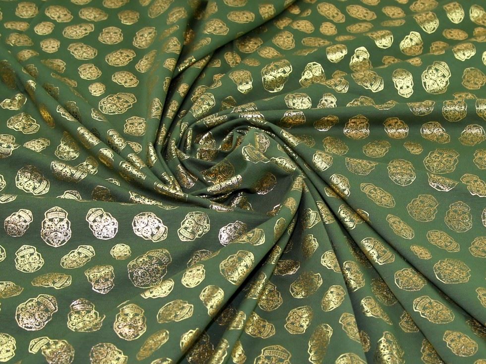 Olive Green & Gold Deadstock Metallic Cotton Jersey Stretch Knit Fabric