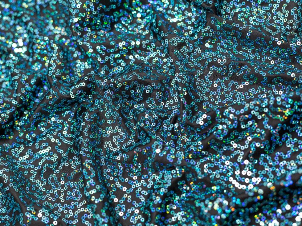 Minerva Core Range Sequin ITY Silky Stretch Knit Fabric Black & Turquoise
 