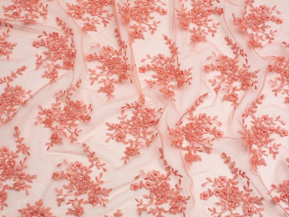 Minerva Core Range Coral Beaded Embroidered Tulle Lace Fabric