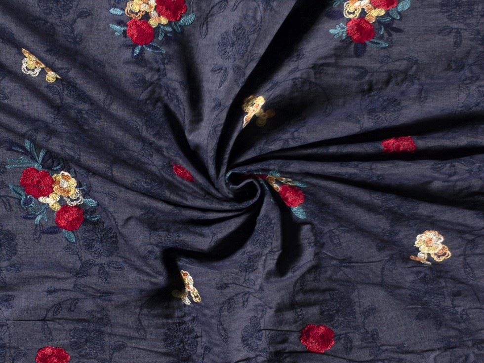 Embroidered Cotton Denim Fabric Navy
 