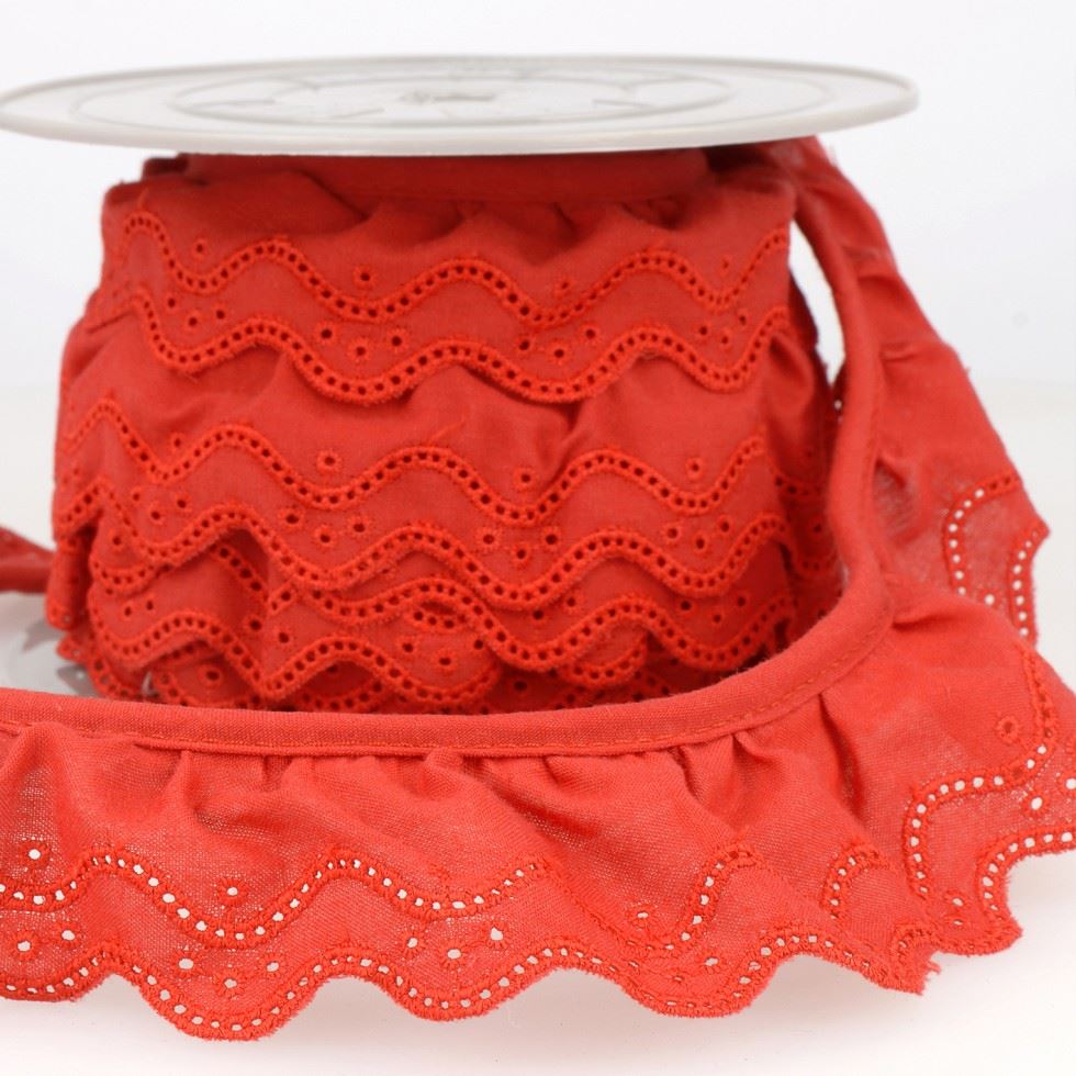 Stephanoise Eyelet Gathered Lace Trim Red