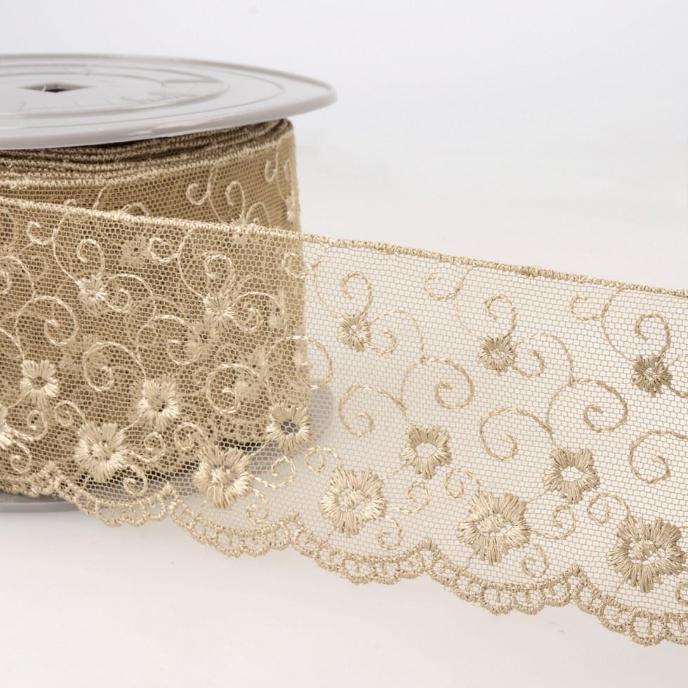 Stephanoise Beige Embroidery Tulle Lace Trim