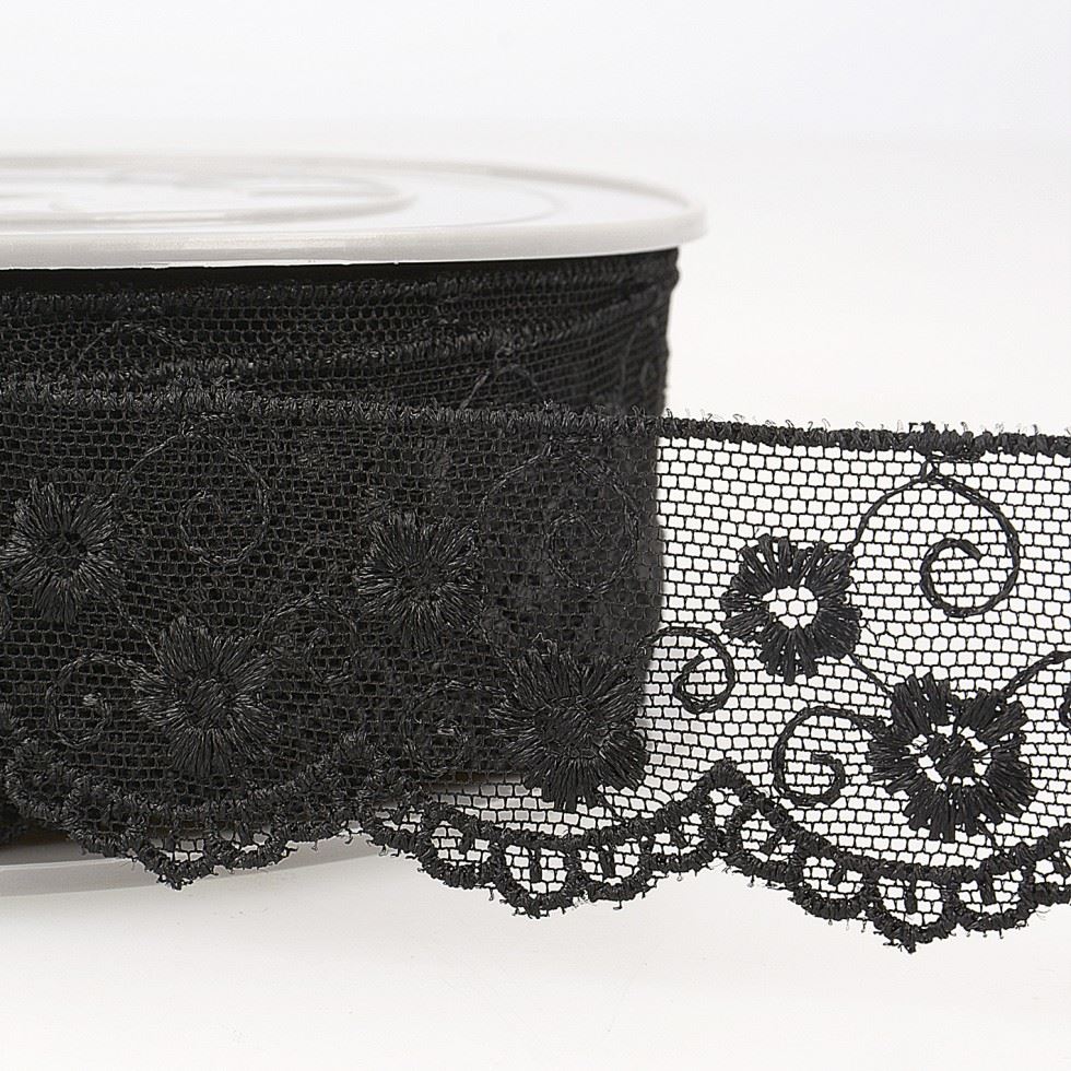 Stephanoise Embroidery Tulle Lace Trim Black