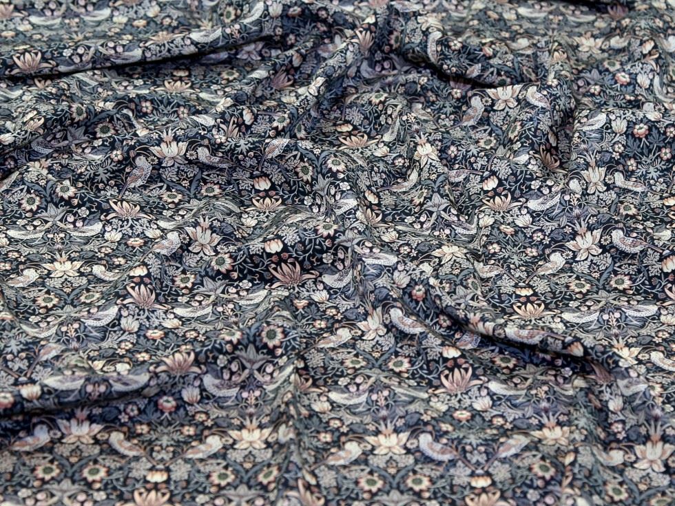 Liberty London Midnight Strawberry Thief Ii Kensington Silk Crepe De Chine Fabric