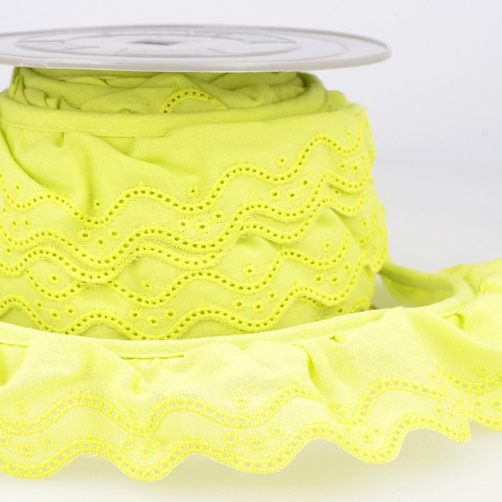 Stephanoise Eyelet Gathered Lace Trim Lemon Yellow
 