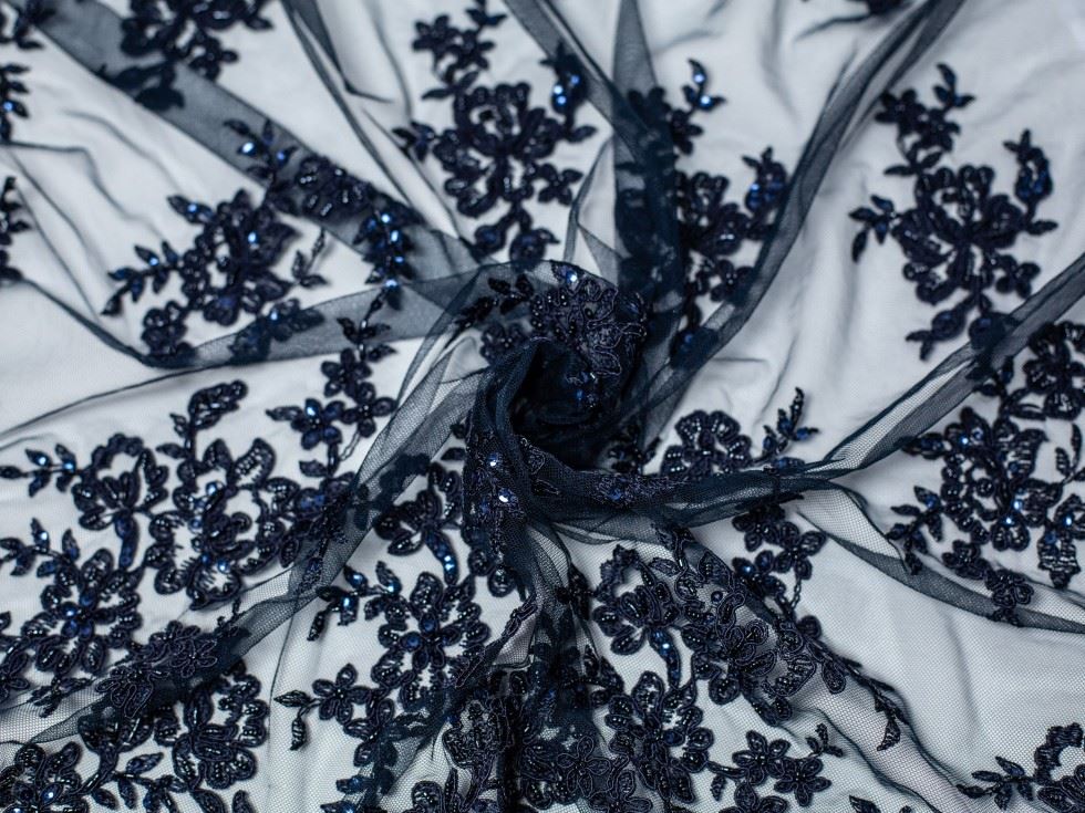 Minerva Core Range Naomi Beaded Lace Fabric Navy
 