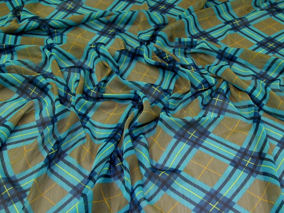 Turquoise & Khaki Deadstock Crinkle Sheer Chiffon Fabric