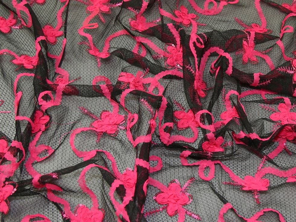 Black Pink Deadstock Stretch Lace Fabric