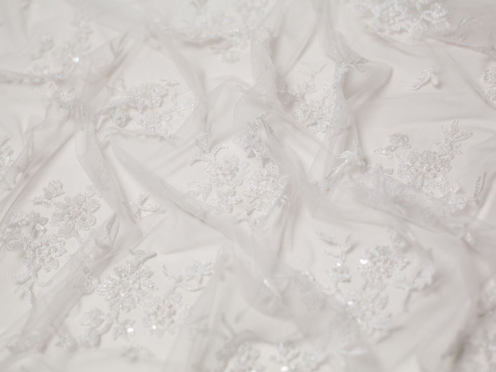 Minerva Core Range White Roxanne Beaded Lace Fabric