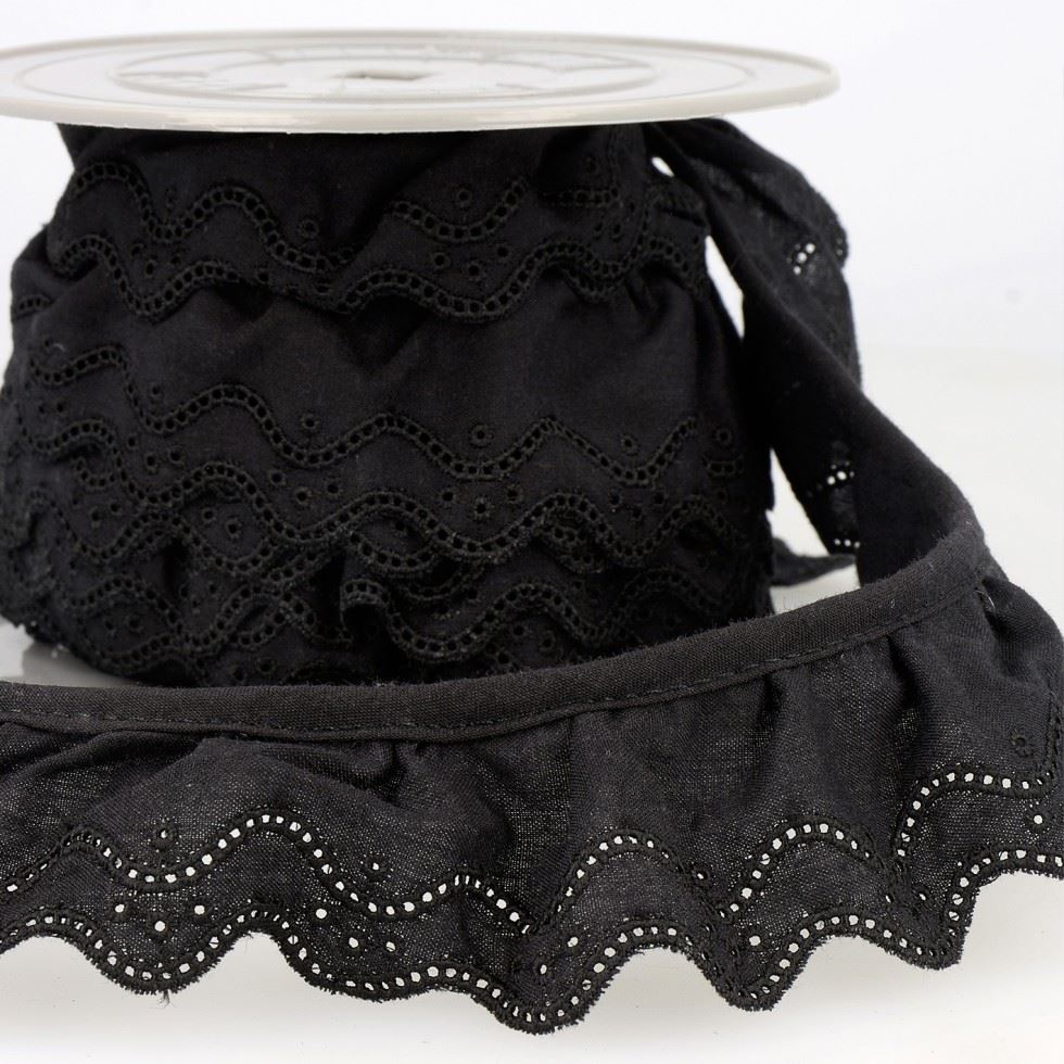 Stephanoise Eyelet Gathered Lace Trim Black