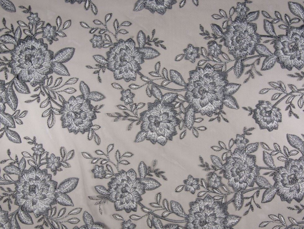 Grey Deadstock Embroidered Lace Fabric