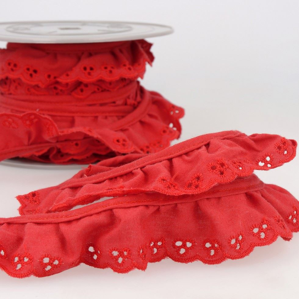 Stephanoise Broderie Anglaise Gathered Lace Trim Red
 