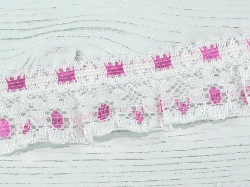 Frilled Nylon Slot Lace Trim White & Pink
 