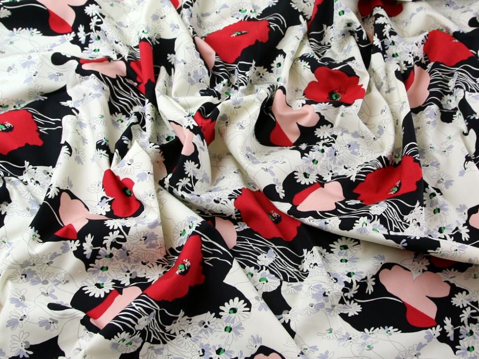100% Cotton Poplin Fabric Black Cream Red
 
