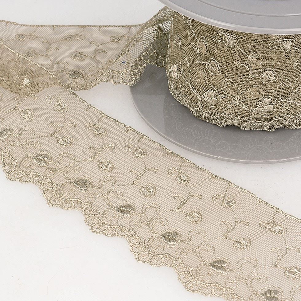 Stephanoise Taupe Embroidery Tulle Lace Trim