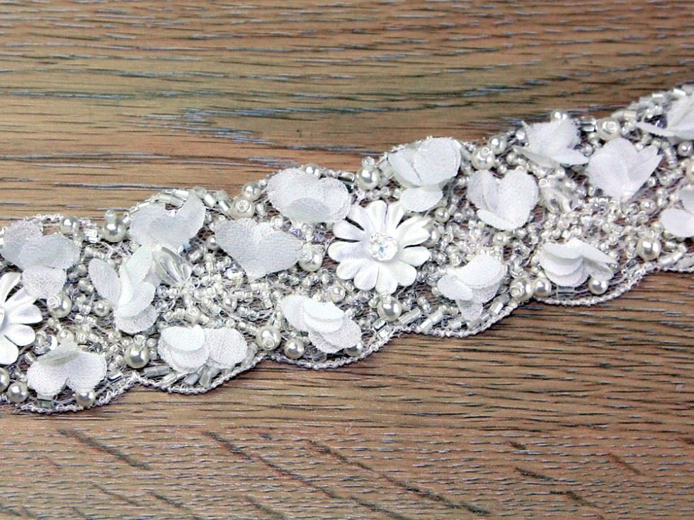 Ivory Beaded Flowers Lace Trim