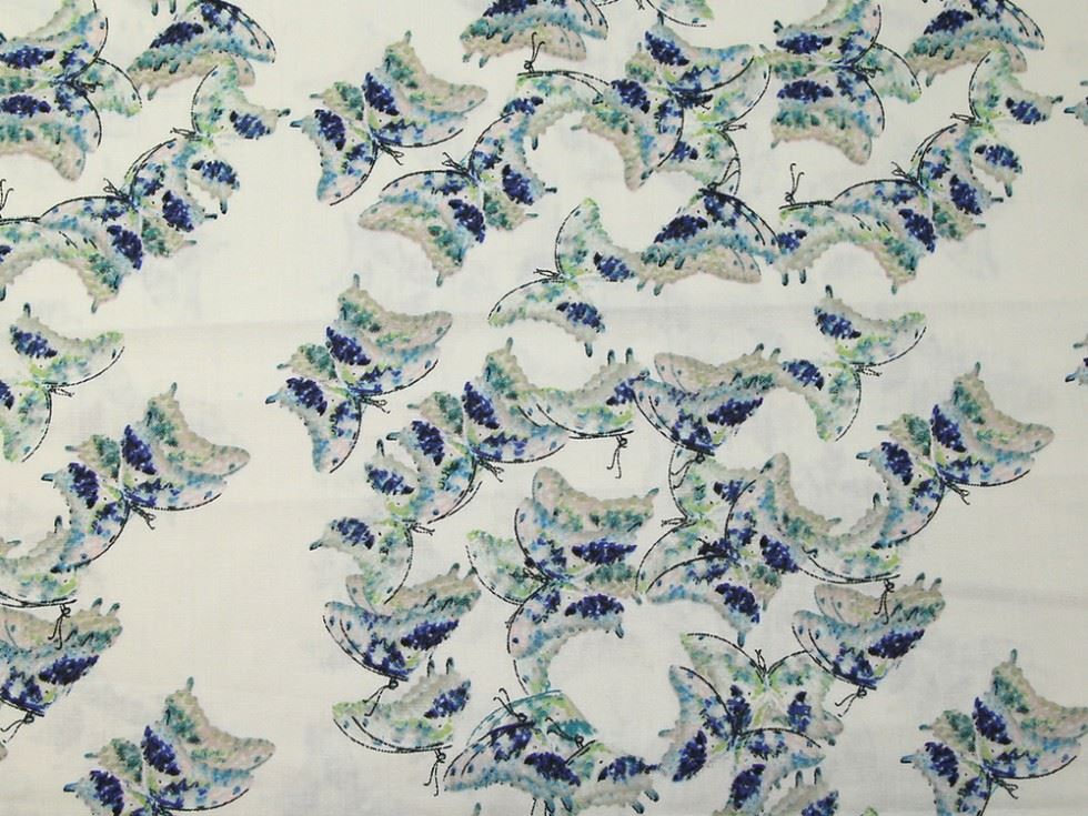 100% Cotton Poplin Fabric Blue on Ivory
 