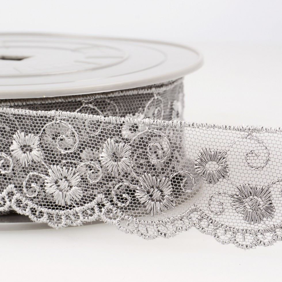 Stephanoise Embroidery Tulle Lace Trim Light Grey